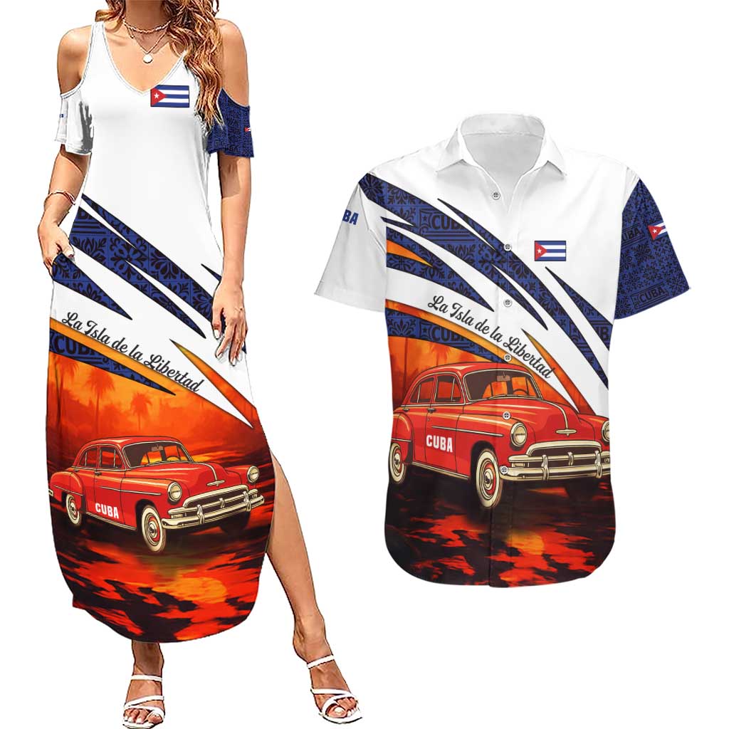 Cuba Classic Car Couples Matching Summer Maxi Dress and Hawaiian Shirt La Isla de la Libertad Red Vintage Auto with Cuban Flag Design - Wonder Print Shop