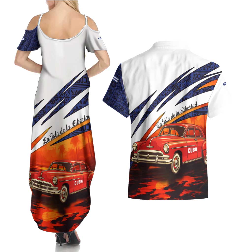 Cuba Classic Car Couples Matching Summer Maxi Dress and Hawaiian Shirt La Isla de la Libertad Red Vintage Auto with Cuban Flag Design - Wonder Print Shop