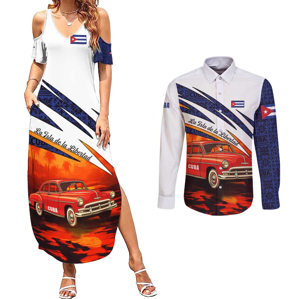 Cuba Classic Car Couples Matching Summer Maxi Dress and Long Sleeve Button Shirt La Isla de la Libertad Red Vintage Auto with Cuban Flag Design - Wonder Print Shop