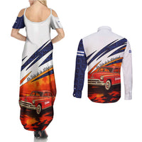 Cuba Classic Car Couples Matching Summer Maxi Dress and Long Sleeve Button Shirt La Isla de la Libertad Red Vintage Auto with Cuban Flag Design - Wonder Print Shop