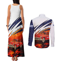 Cuba Classic Car Couples Matching Tank Maxi Dress and Long Sleeve Button Shirt La Isla de la Libertad Red Vintage Auto with Cuban Flag Design - Wonder Print Shop