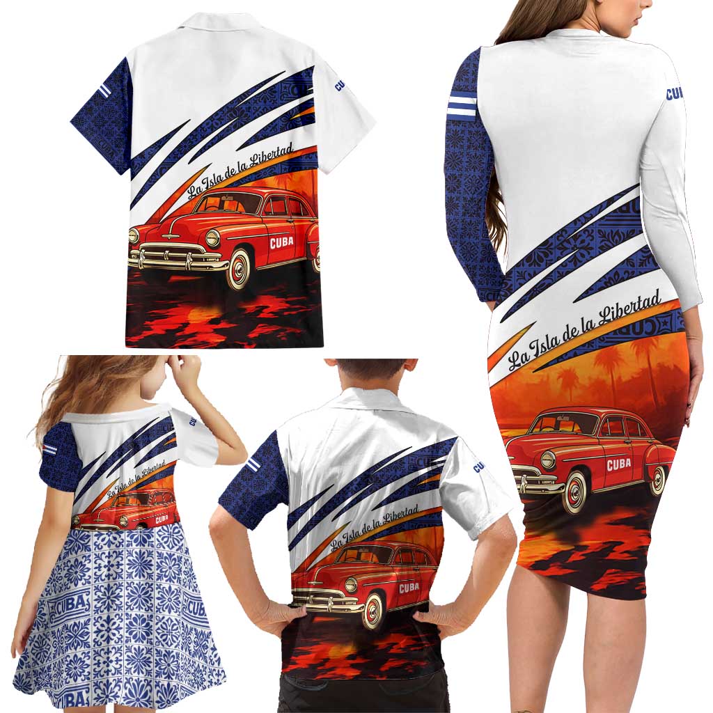 Cuba Classic Car Family Matching Long Sleeve Bodycon Dress and Hawaiian Shirt La Isla de la Libertad Red Vintage Auto with Cuban Flag Design - Wonder Print Shop