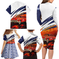 Cuba Classic Car Family Matching Long Sleeve Bodycon Dress and Hawaiian Shirt La Isla de la Libertad Red Vintage Auto with Cuban Flag Design - Wonder Print Shop