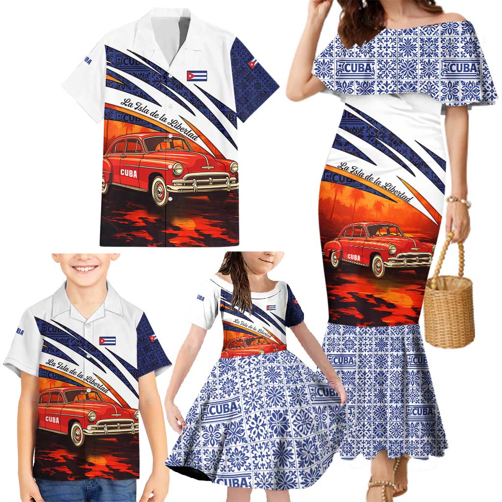 Cuba Classic Car Family Matching Mermaid Dress and Hawaiian Shirt La Isla de la Libertad Red Vintage Auto with Cuban Flag Design - Wonder Print Shop