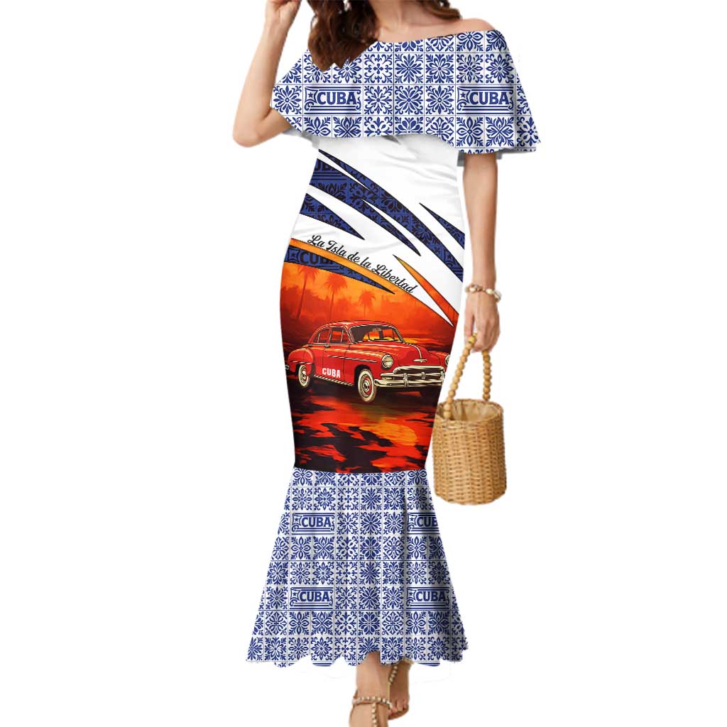 Cuba Classic Car Family Matching Mermaid Dress and Hawaiian Shirt La Isla de la Libertad Red Vintage Auto with Cuban Flag Design - Wonder Print Shop