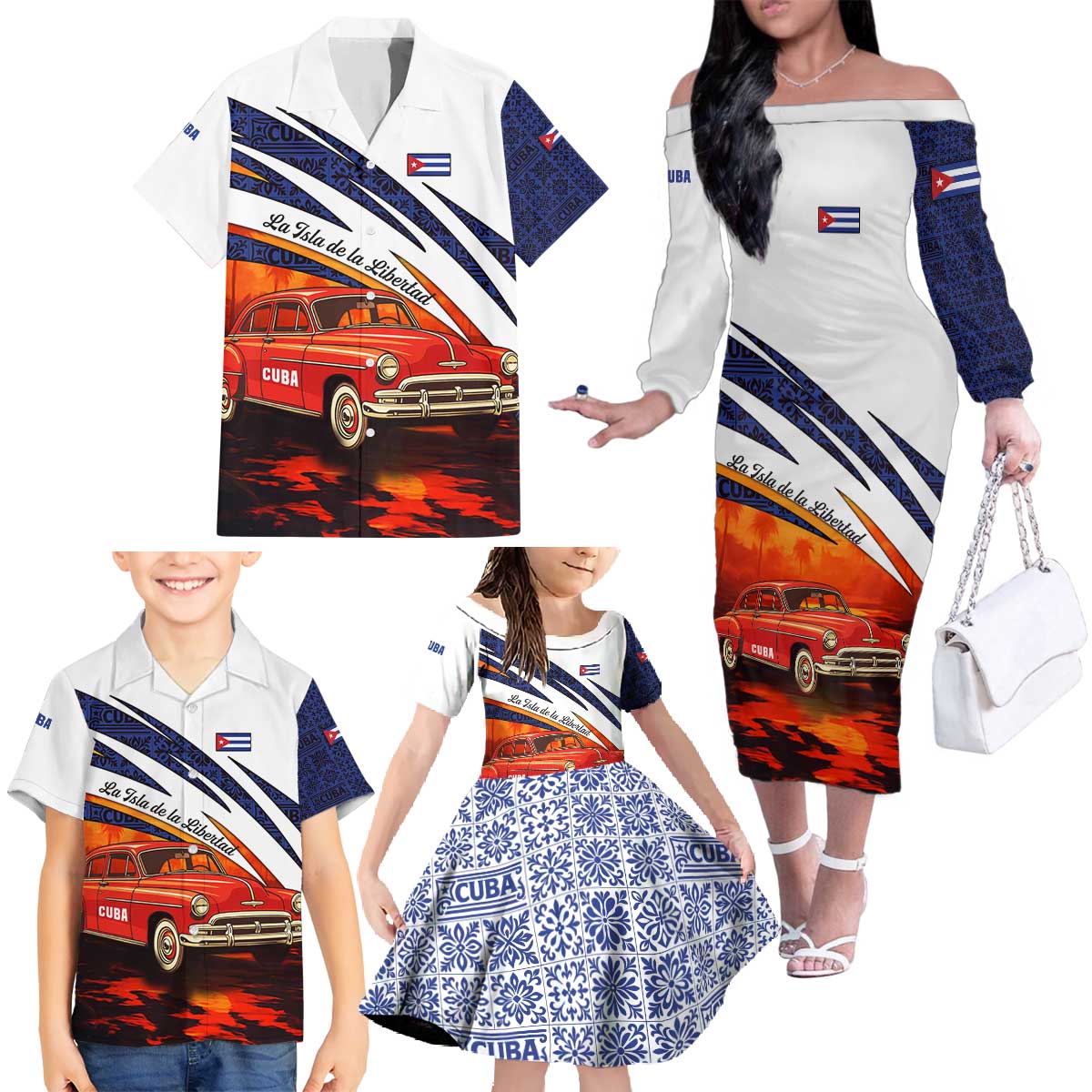 Cuba Classic Car Family Matching Off The Shoulder Long Sleeve Dress and Hawaiian Shirt La Isla de la Libertad Red Vintage Auto with Cuban Flag Design - Wonder Print Shop