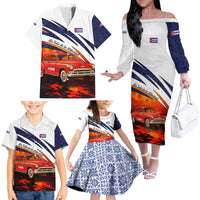 Cuba Classic Car Family Matching Off The Shoulder Long Sleeve Dress and Hawaiian Shirt La Isla de la Libertad Red Vintage Auto with Cuban Flag Design - Wonder Print Shop