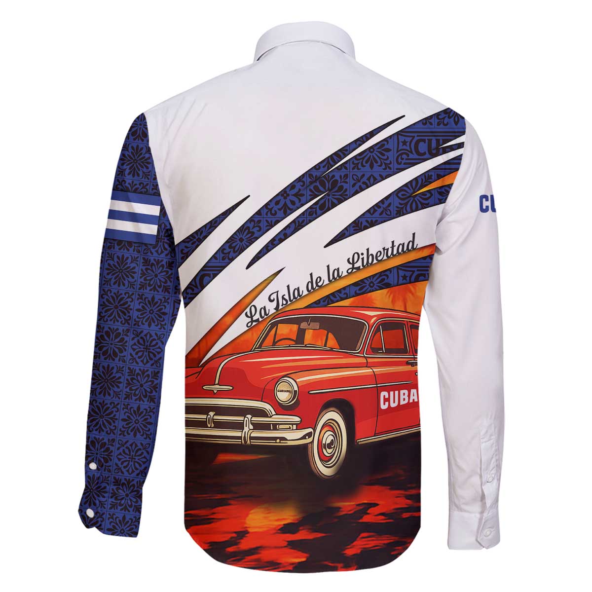 Cuba Classic Car Family Matching Off The Shoulder Long Sleeve Dress and Hawaiian Shirt La Isla de la Libertad Red Vintage Auto with Cuban Flag Design - Wonder Print Shop