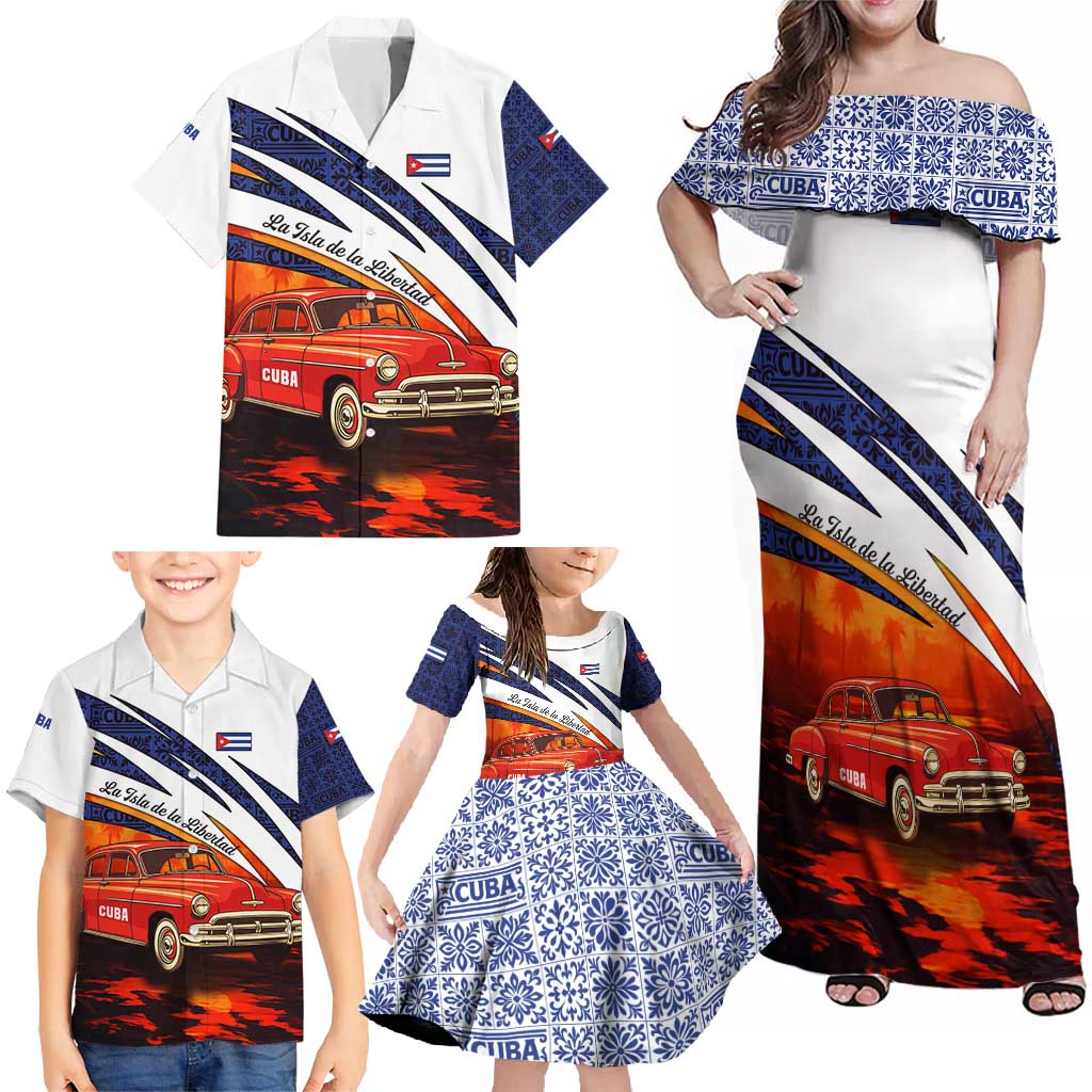 Cuba Classic Car Family Matching Off Shoulder Maxi Dress and Hawaiian Shirt La Isla de la Libertad Red Vintage Auto with Cuban Flag Design - Wonder Print Shop