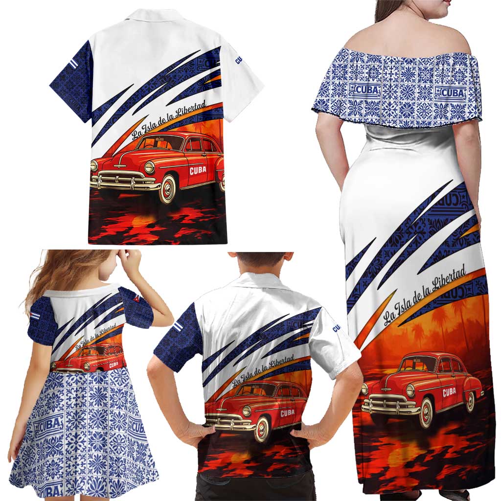 Cuba Classic Car Family Matching Off Shoulder Maxi Dress and Hawaiian Shirt La Isla de la Libertad Red Vintage Auto with Cuban Flag Design - Wonder Print Shop