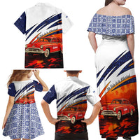Cuba Classic Car Family Matching Off Shoulder Maxi Dress and Hawaiian Shirt La Isla de la Libertad Red Vintage Auto with Cuban Flag Design - Wonder Print Shop