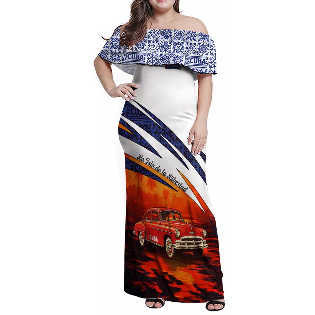 Cuba Classic Car Family Matching Off Shoulder Maxi Dress and Hawaiian Shirt La Isla de la Libertad Red Vintage Auto with Cuban Flag Design - Wonder Print Shop