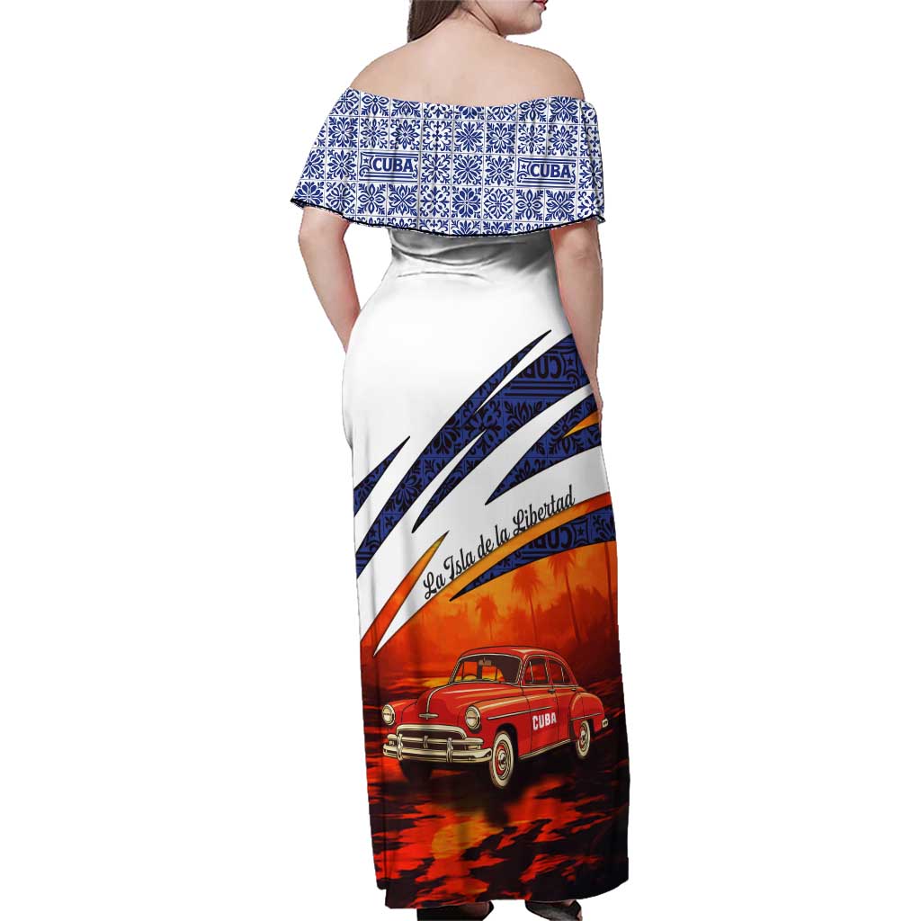 Cuba Classic Car Family Matching Off Shoulder Maxi Dress and Hawaiian Shirt La Isla de la Libertad Red Vintage Auto with Cuban Flag Design - Wonder Print Shop
