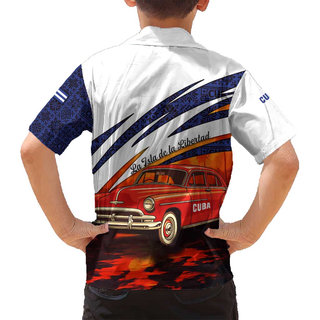 Cuba Classic Car Family Matching Off Shoulder Short Dress and Hawaiian Shirt La Isla de la Libertad Red Vintage Auto with Cuban Flag Design - Wonder Print Shop