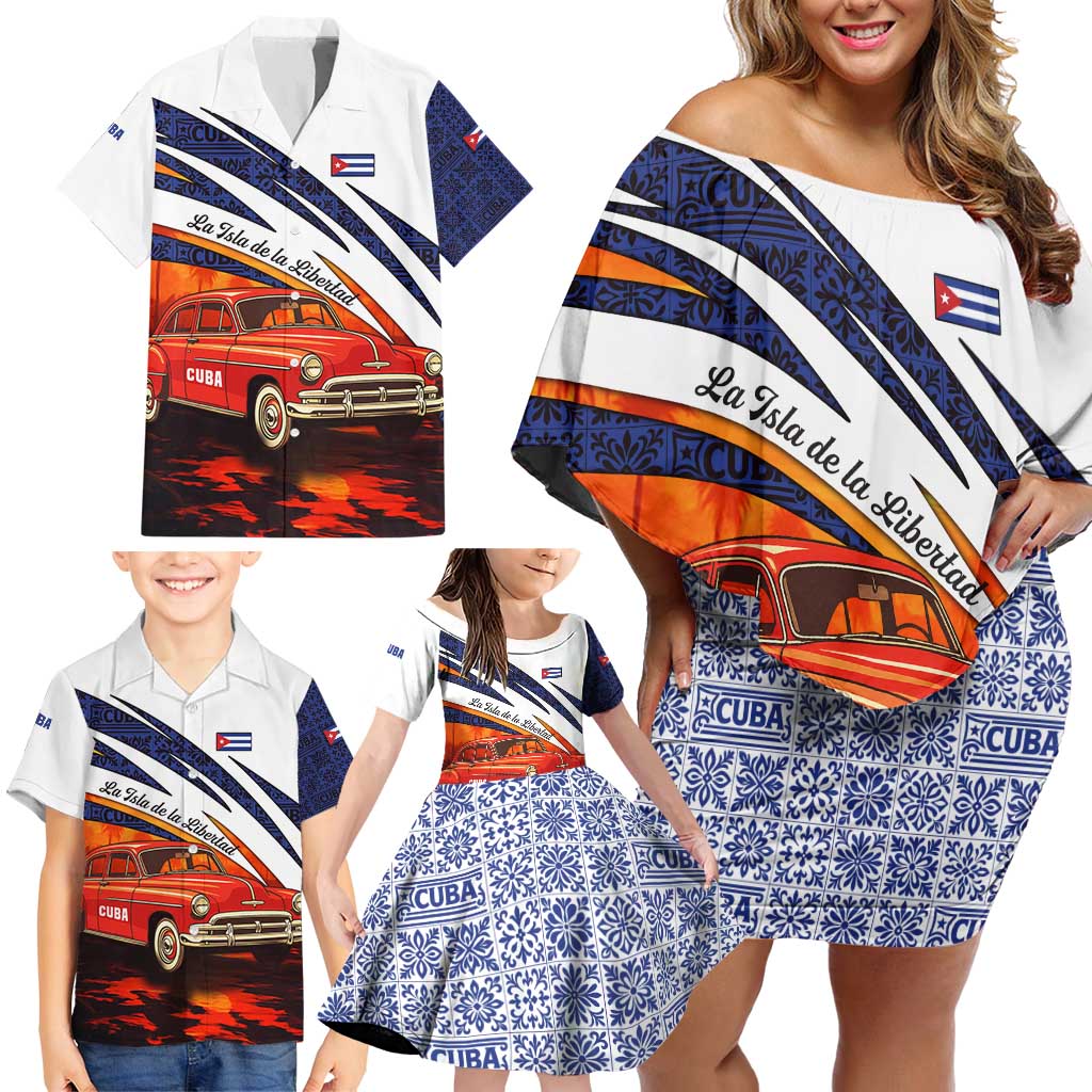 Cuba Classic Car Family Matching Off Shoulder Short Dress and Hawaiian Shirt La Isla de la Libertad Red Vintage Auto with Cuban Flag Design - Wonder Print Shop