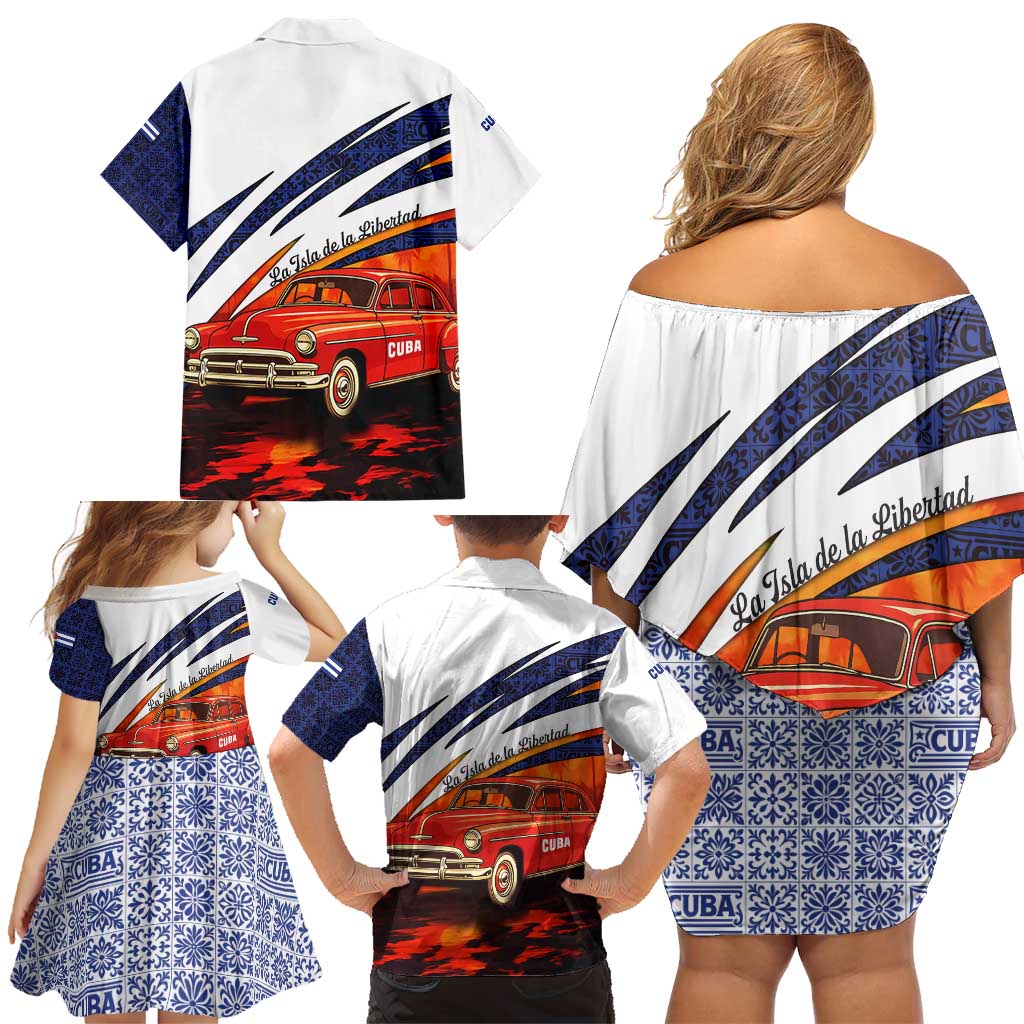 Cuba Classic Car Family Matching Off Shoulder Short Dress and Hawaiian Shirt La Isla de la Libertad Red Vintage Auto with Cuban Flag Design - Wonder Print Shop