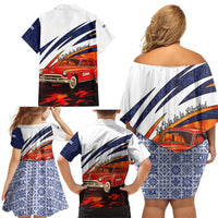 Cuba Classic Car Family Matching Off Shoulder Short Dress and Hawaiian Shirt La Isla de la Libertad Red Vintage Auto with Cuban Flag Design - Wonder Print Shop