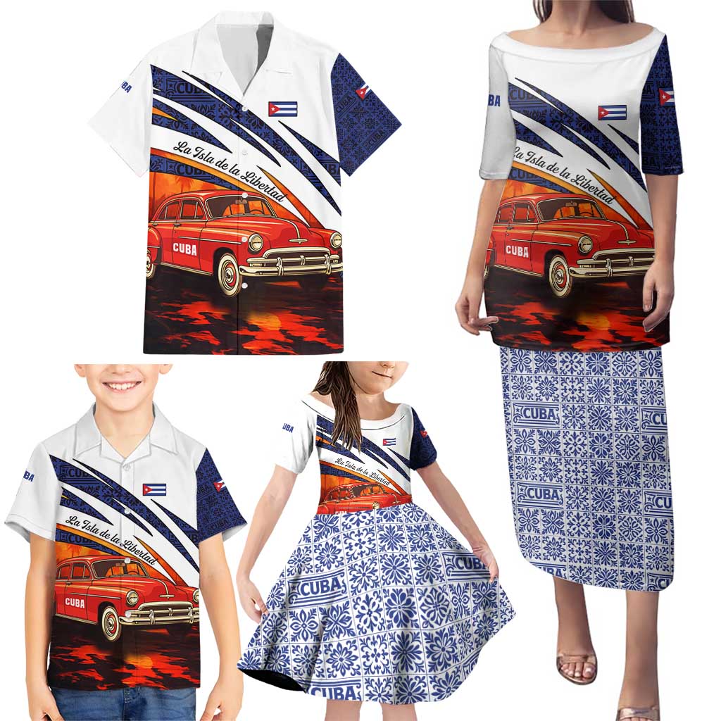 Cuba Classic Car Family Matching Puletasi and Hawaiian Shirt La Isla de la Libertad Red Vintage Auto with Cuban Flag Design - Wonder Print Shop