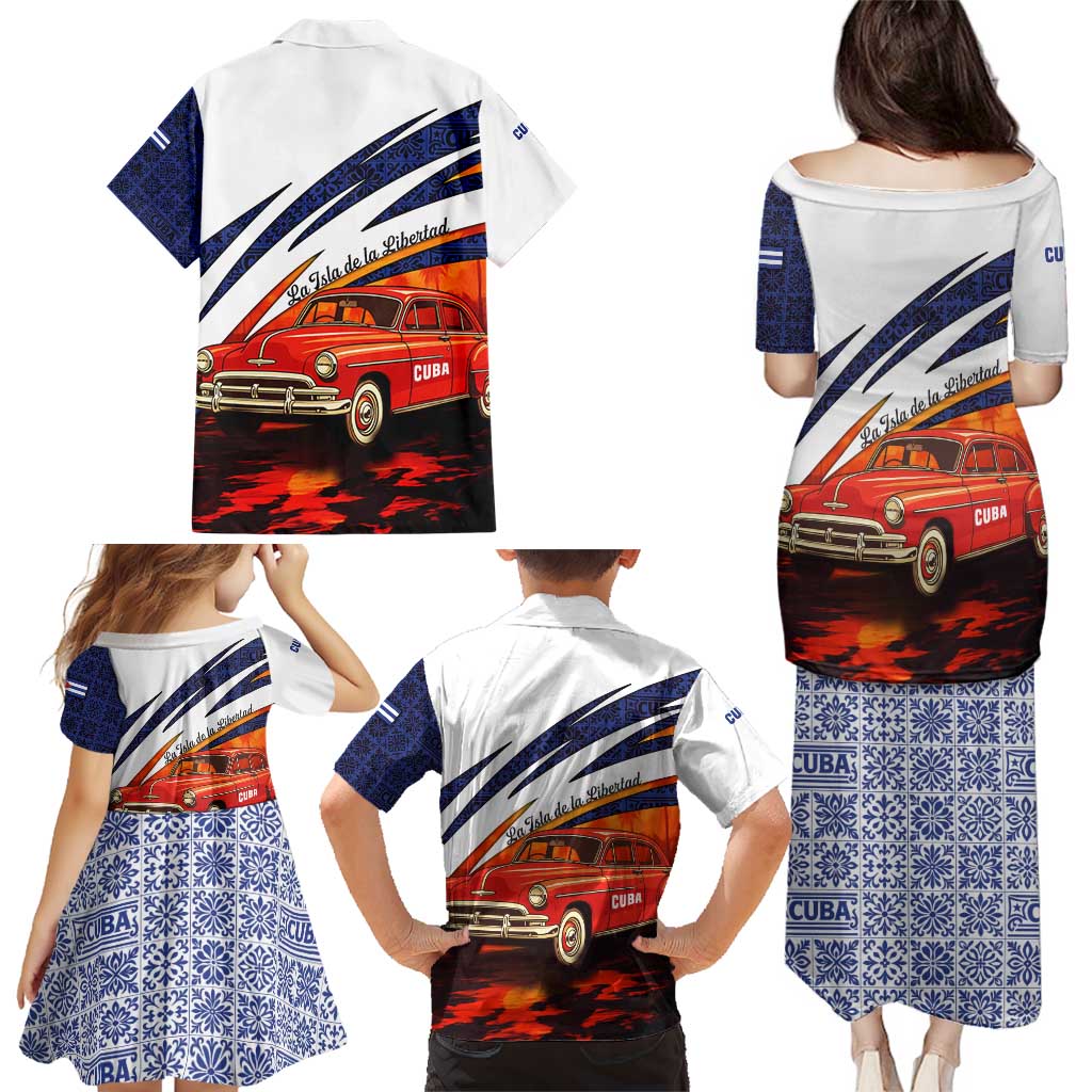 Cuba Classic Car Family Matching Puletasi and Hawaiian Shirt La Isla de la Libertad Red Vintage Auto with Cuban Flag Design - Wonder Print Shop