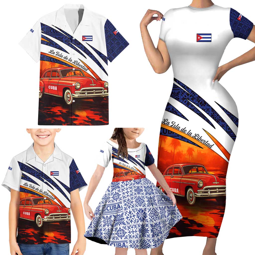 Cuba Classic Car Family Matching Short Sleeve Bodycon Dress and Hawaiian Shirt La Isla de la Libertad Red Vintage Auto with Cuban Flag Design - Wonder Print Shop