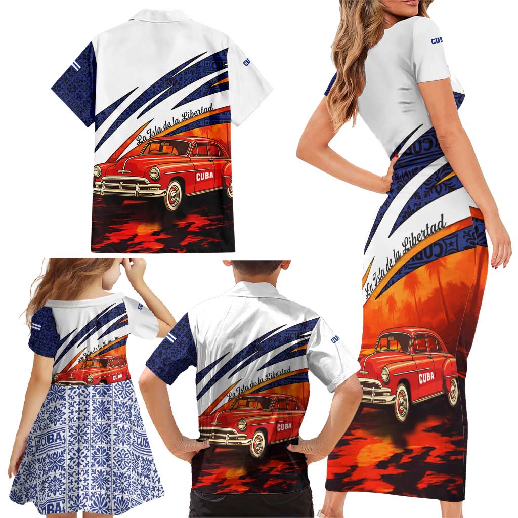 Cuba Classic Car Family Matching Short Sleeve Bodycon Dress and Hawaiian Shirt La Isla de la Libertad Red Vintage Auto with Cuban Flag Design - Wonder Print Shop