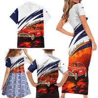 Cuba Classic Car Family Matching Short Sleeve Bodycon Dress and Hawaiian Shirt La Isla de la Libertad Red Vintage Auto with Cuban Flag Design - Wonder Print Shop