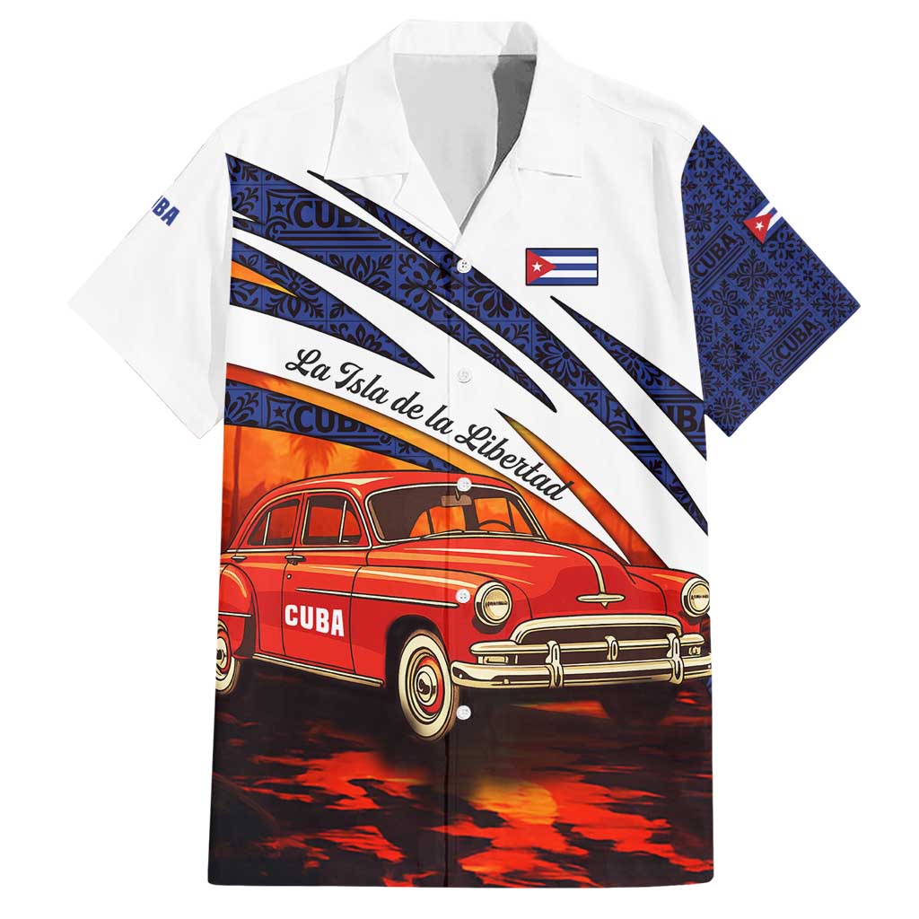 Cuba Classic Car Family Matching Short Sleeve Bodycon Dress and Hawaiian Shirt La Isla de la Libertad Red Vintage Auto with Cuban Flag Design - Wonder Print Shop