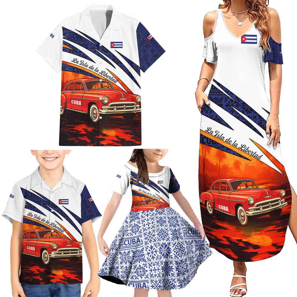 Cuba Classic Car Family Matching Summer Maxi Dress and Hawaiian Shirt La Isla de la Libertad Red Vintage Auto with Cuban Flag Design - Wonder Print Shop