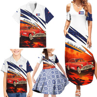 Cuba Classic Car Family Matching Summer Maxi Dress and Hawaiian Shirt La Isla de la Libertad Red Vintage Auto with Cuban Flag Design - Wonder Print Shop