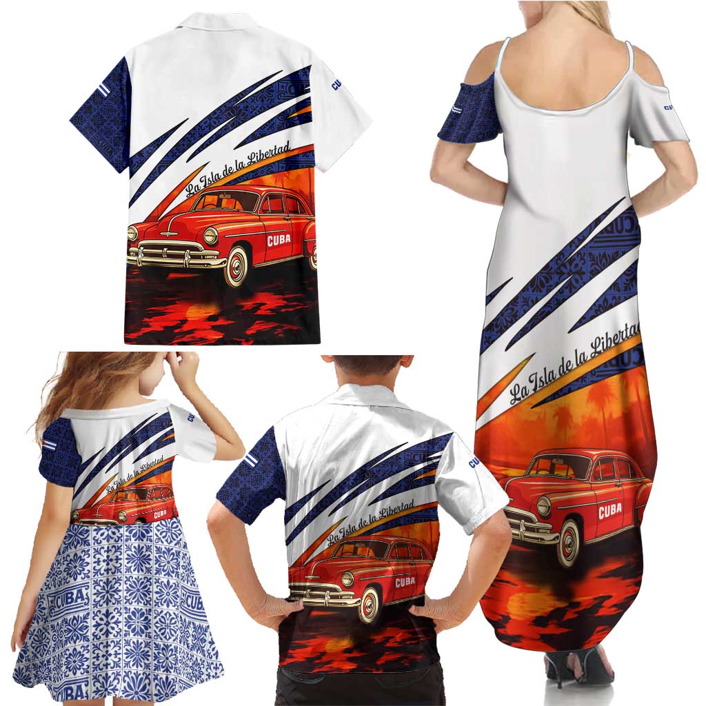 Cuba Classic Car Family Matching Summer Maxi Dress and Hawaiian Shirt La Isla de la Libertad Red Vintage Auto with Cuban Flag Design - Wonder Print Shop