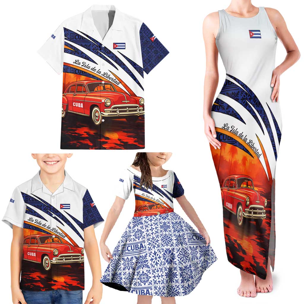 Cuba Classic Car Family Matching Tank Maxi Dress and Hawaiian Shirt La Isla de la Libertad Red Vintage Auto with Cuban Flag Design - Wonder Print Shop