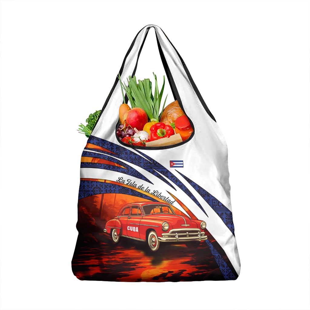 Cuba Classic Car Grocery Bag La Isla de la Libertad Red Vintage Auto with Cuban Flag Design - Wonder Print Shop