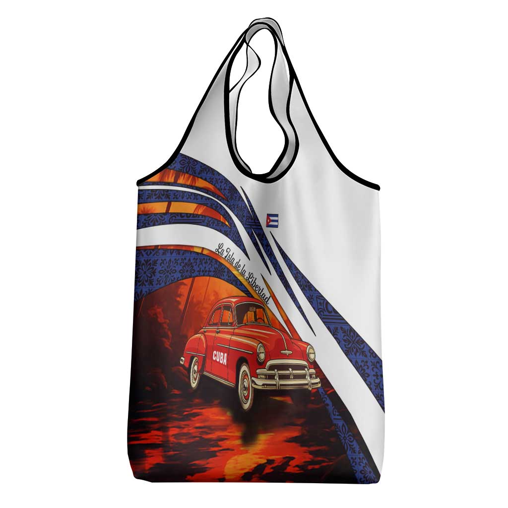 Cuba Classic Car Grocery Bag La Isla de la Libertad Red Vintage Auto with Cuban Flag Design - Wonder Print Shop