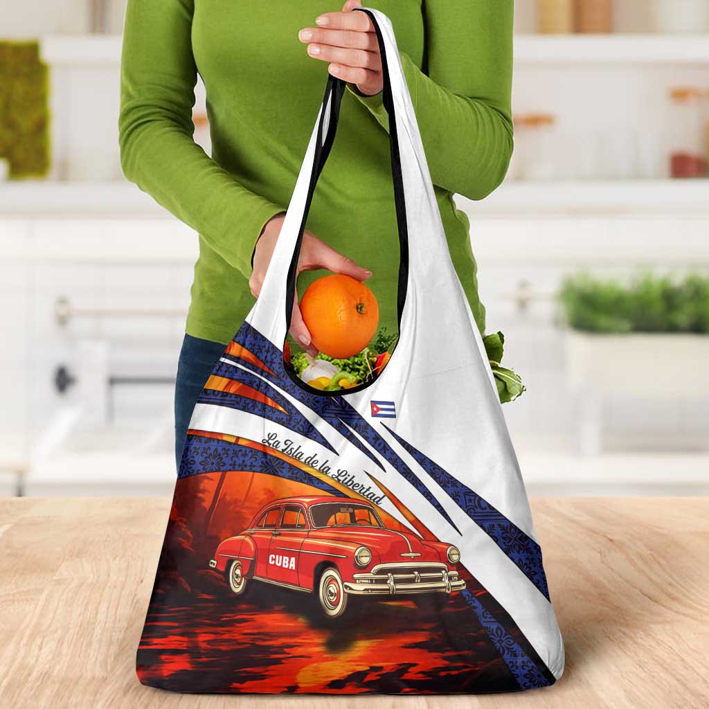 Cuba Classic Car Grocery Bag La Isla de la Libertad Red Vintage Auto with Cuban Flag Design - Wonder Print Shop