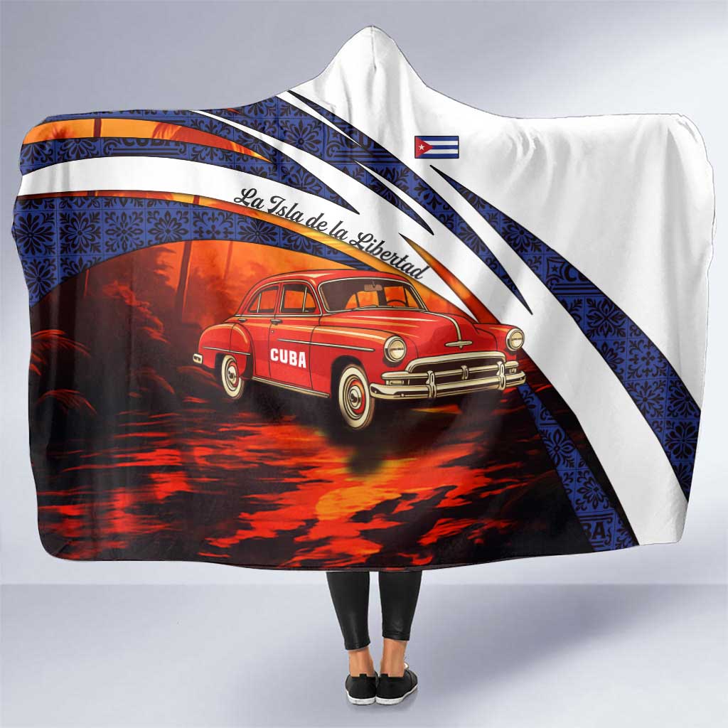 Cuba Classic Car Hooded Blanket La Isla de la Libertad Red Vintage Auto with Cuban Flag Design - Wonder Print Shop