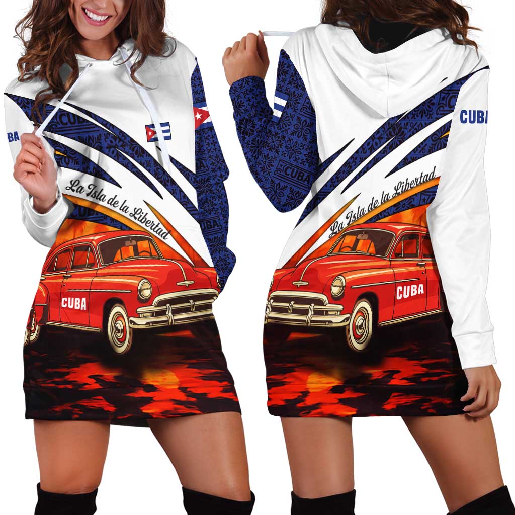 Cuba Classic Car Hoodie Dress La Isla de la Libertad Red Vintage Auto with Cuban Flag Design - Wonder Print Shop