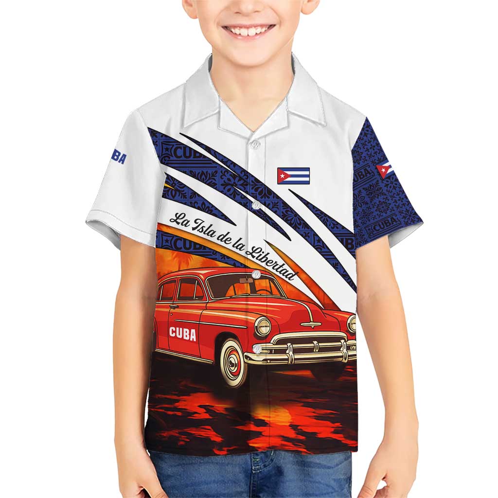 Cuba Classic Car Kid Hawaiian Shirt La Isla de la Libertad Red Vintage Auto with Cuban Flag Design - Wonder Print Shop