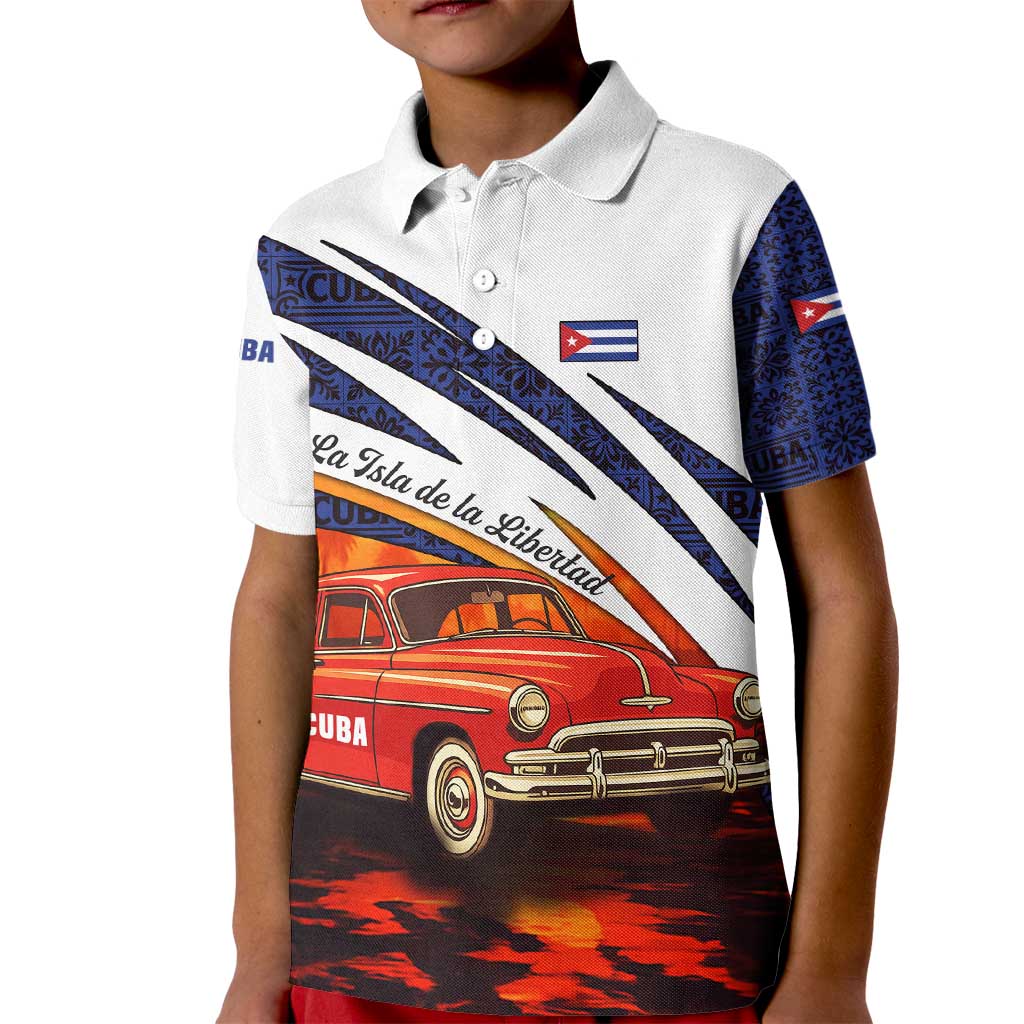 Cuba Classic Car Kid Polo Shirt La Isla de la Libertad Red Vintage Auto with Cuban Flag Design - Wonder Print Shop