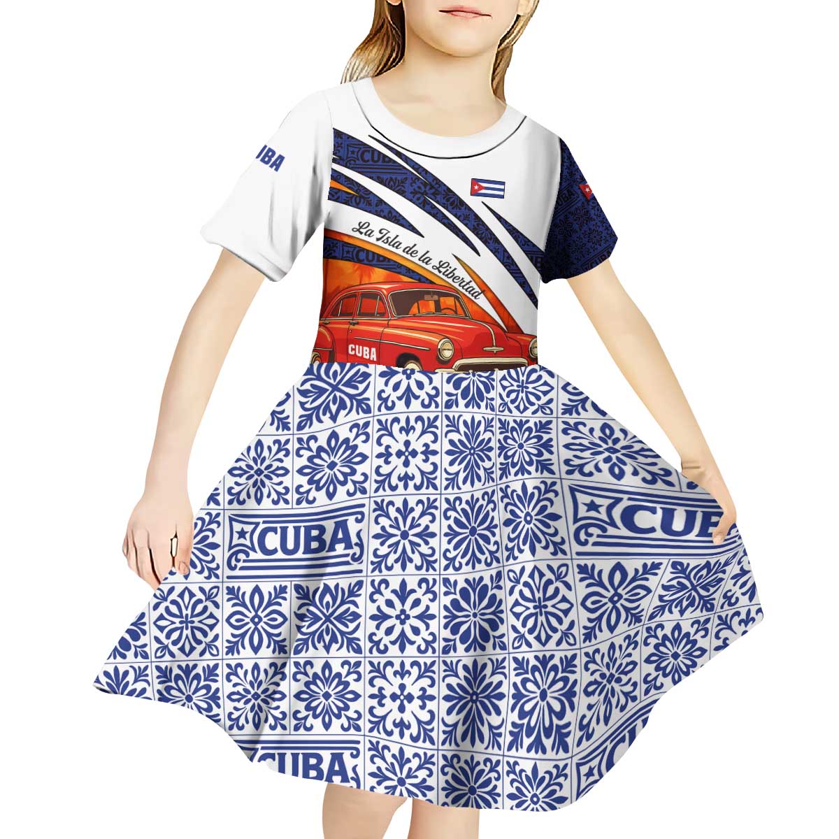 Cuba Classic Car Kid Short Sleeve Dress La Isla de la Libertad Red Vintage Auto with Cuban Flag Design - Wonder Print Shop