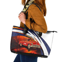 Cuba Classic Car Leather Tote Bag La Isla de la Libertad Red Vintage Auto with Cuban Flag Design - Wonder Print Shop