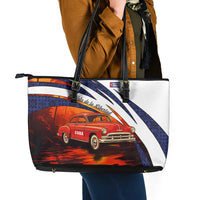Cuba Classic Car Leather Tote Bag La Isla de la Libertad Red Vintage Auto with Cuban Flag Design - Wonder Print Shop