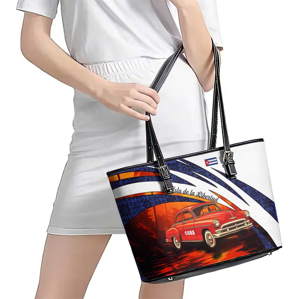 Cuba Classic Car Leather Tote Bag La Isla de la Libertad Red Vintage Auto with Cuban Flag Design - Wonder Print Shop