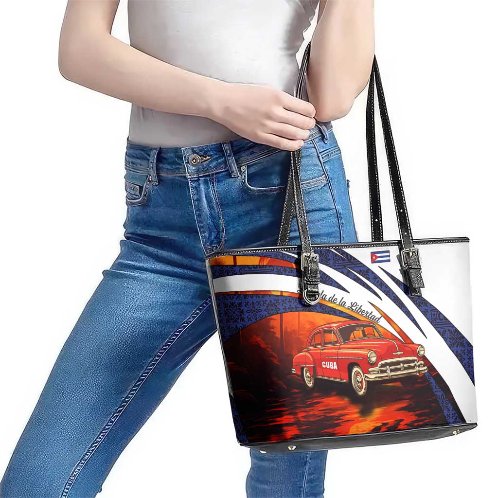 Cuba Classic Car Leather Tote Bag La Isla de la Libertad Red Vintage Auto with Cuban Flag Design - Wonder Print Shop