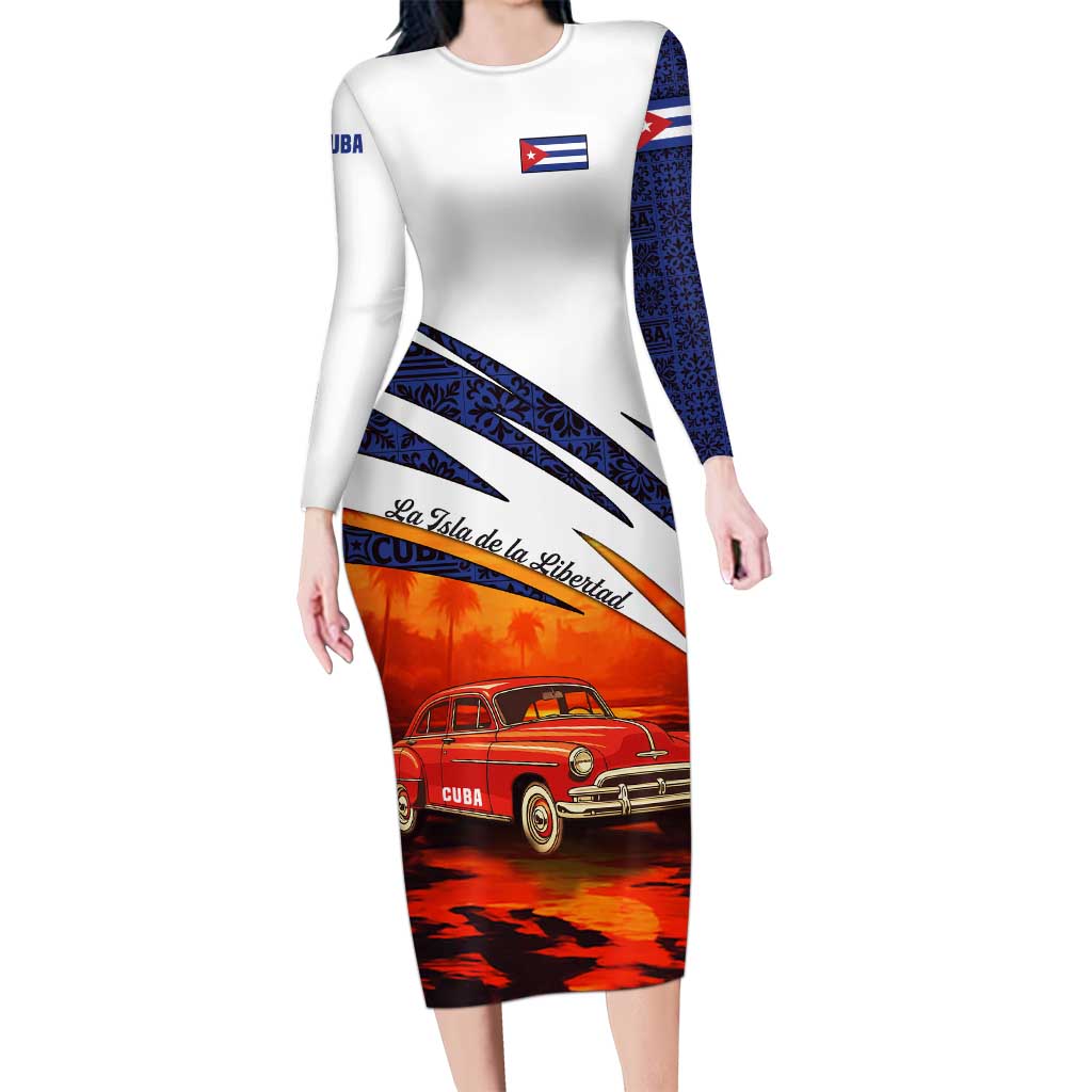 Cuba Classic Car Long Sleeve Bodycon Dress La Isla de la Libertad Red Vintage Auto with Cuban Flag Design - Wonder Print Shop