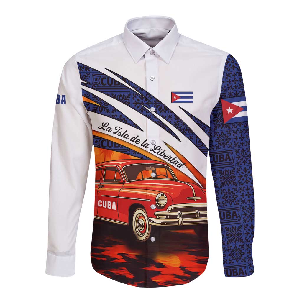 Cuba Classic Car Long Sleeve Button Shirt La Isla de la Libertad Red Vintage Auto with Cuban Flag Design - Wonder Print Shop
