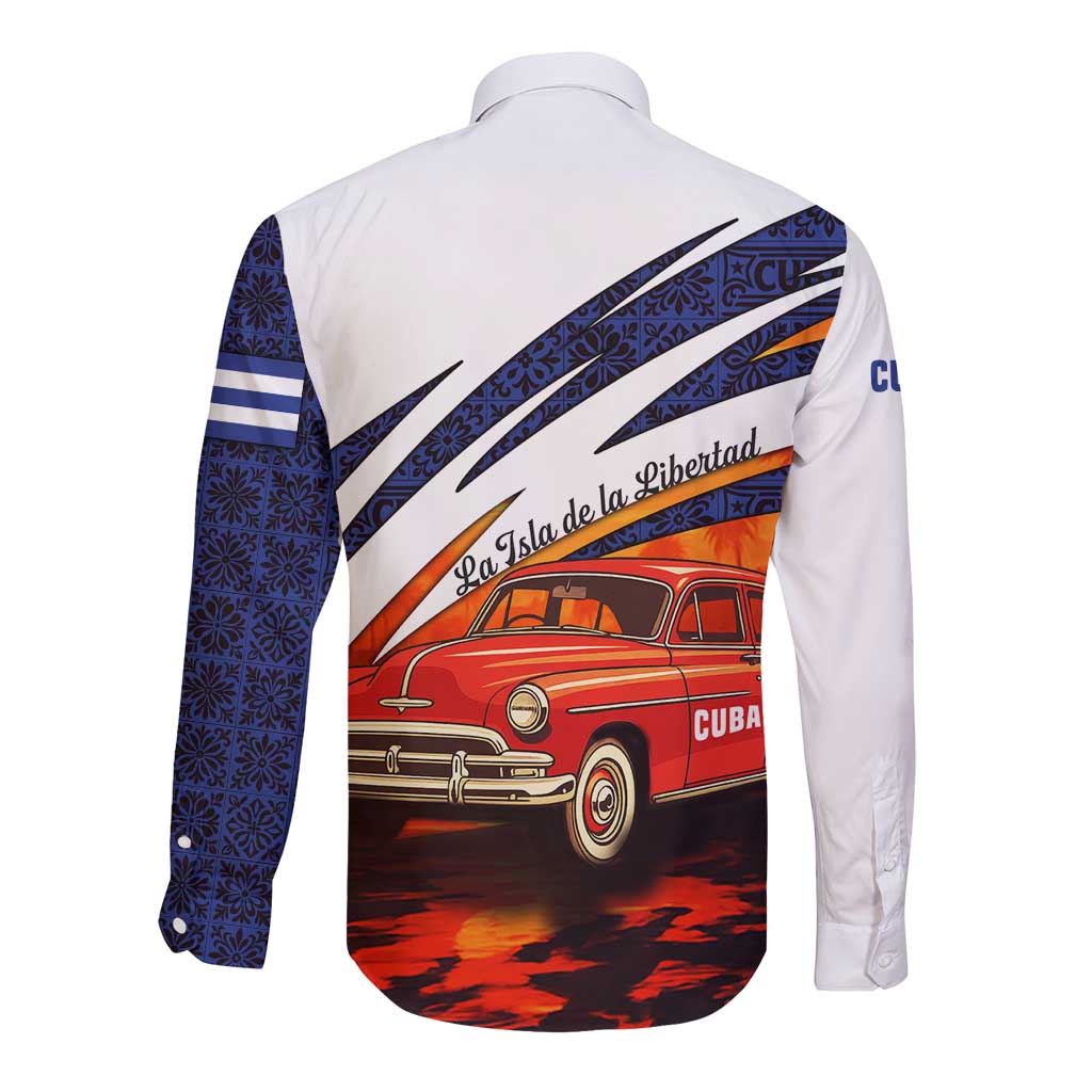 Cuba Classic Car Long Sleeve Button Shirt La Isla de la Libertad Red Vintage Auto with Cuban Flag Design - Wonder Print Shop