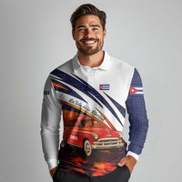 Cuba Classic Car Long Sleeve Polo Shirt La Isla de la Libertad Red Vintage Auto with Cuban Flag Design - Wonder Print Shop