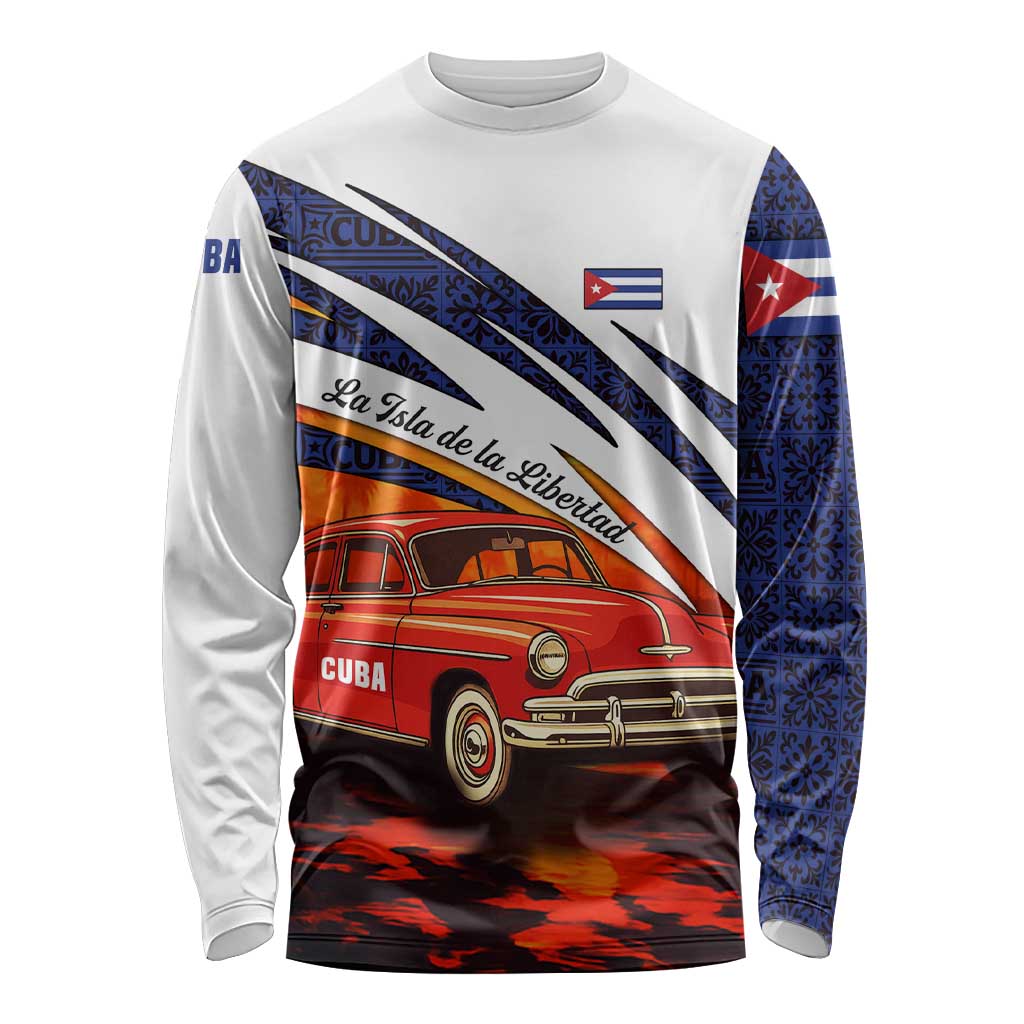 Cuba Classic Car Long Sleeve Shirt La Isla de la Libertad Red Vintage Auto with Cuban Flag Design - Wonder Print Shop