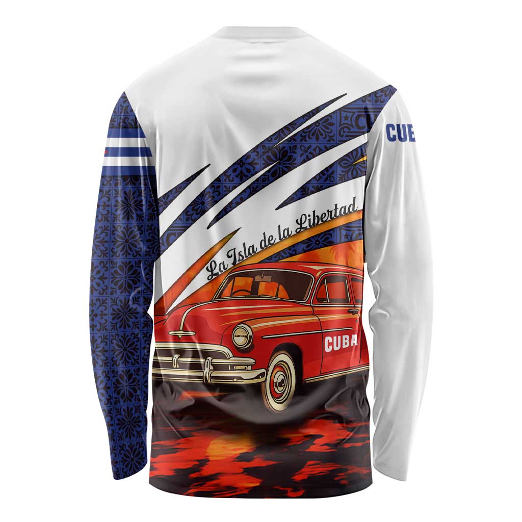 Cuba Classic Car Long Sleeve Shirt La Isla de la Libertad Red Vintage Auto with Cuban Flag Design - Wonder Print Shop
