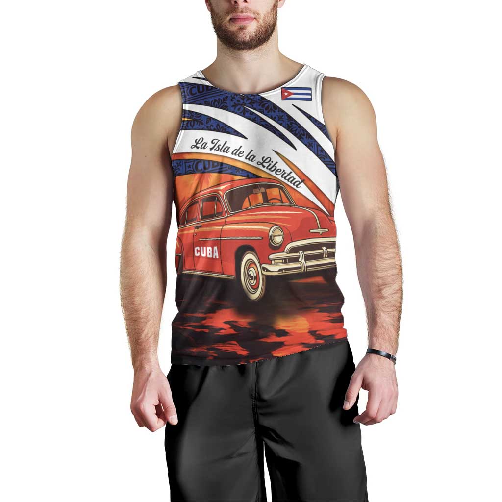 Cuba Classic Car Men Tank Top La Isla de la Libertad Red Vintage Auto with Cuban Flag Design - Wonder Print Shop